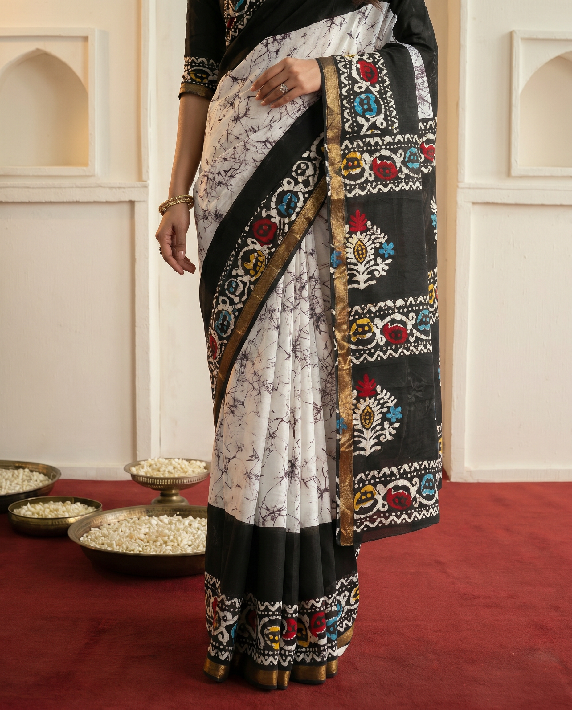 Chic Black & White Printed Pure Cotton Saree with Multicolor Accents - output 0 - 05 lower closeup