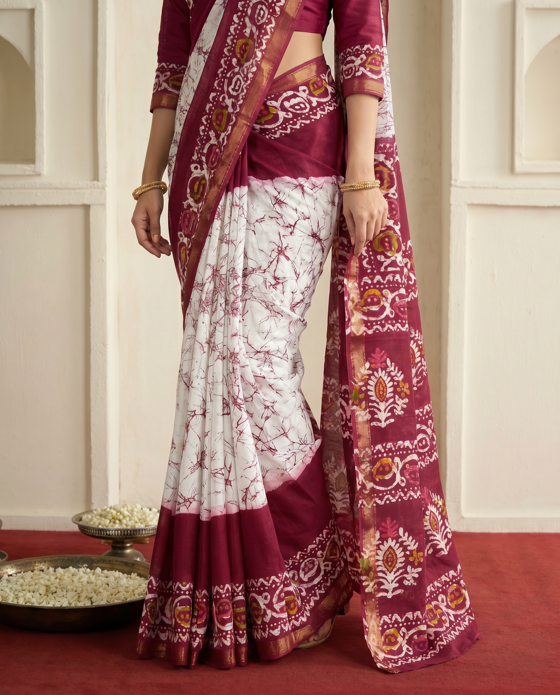 Chic Black & White Printed Pure Cotton Saree with Multicolor Accents - output 1 - 05 lower closeup