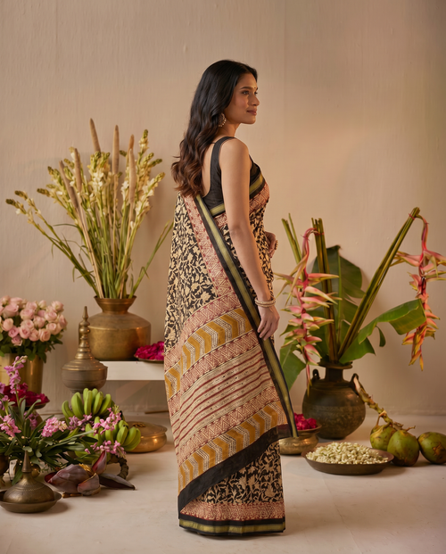Classic Black Printed Pure Cotton Saree with Intricate Ethnic Border - output 0 - 03 side