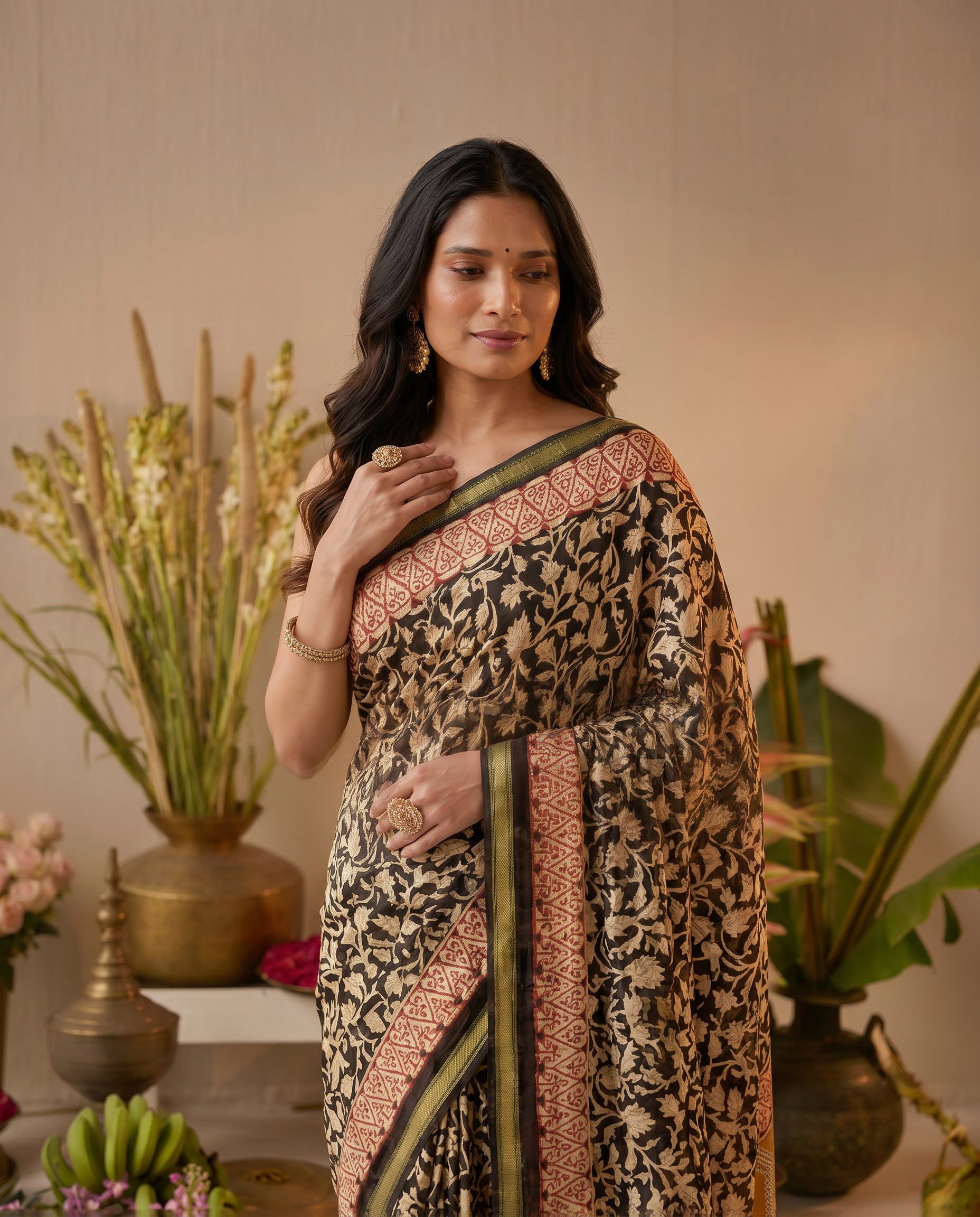 Classic Black Printed Pure Cotton Saree with Intricate Ethnic Border - output 0 - 04 upper closeup