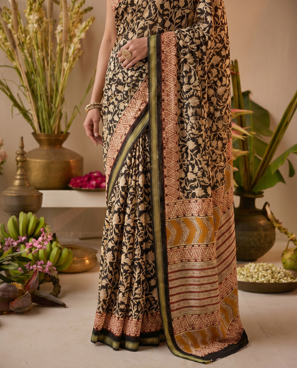 Classic Black Printed Pure Cotton Saree with Intricate Ethnic Border - output 0 - 05 lower closeup
