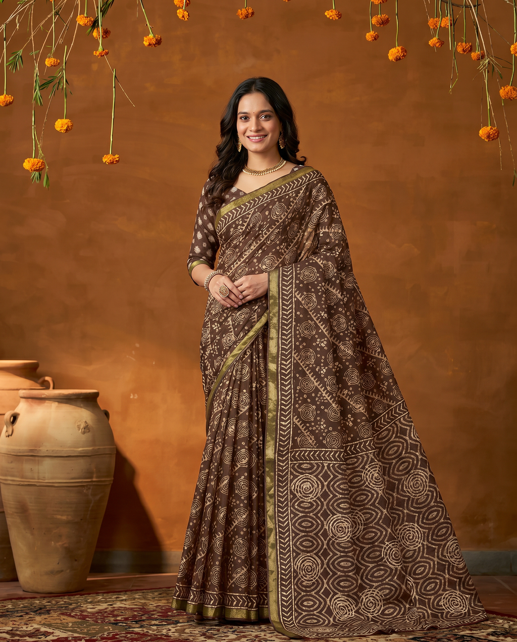 Classic Brown Handblock Style Printed Pure Cotton Saree with Subtle Gold Border - output 0 - 02 hero