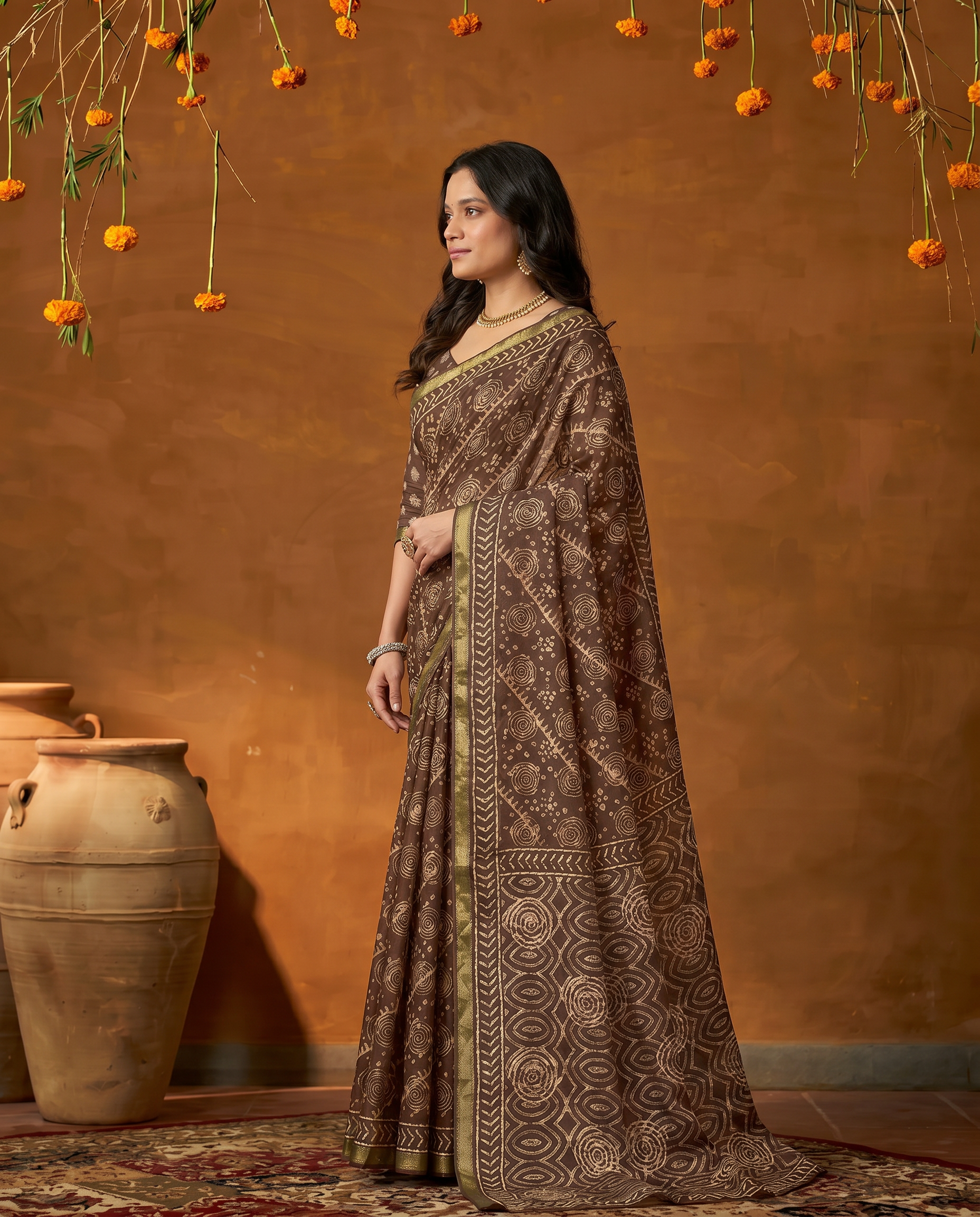 Classic Brown Handblock Style Printed Pure Cotton Saree with Subtle Gold Border - output 0 - 03 side