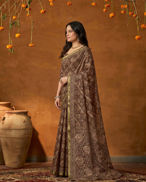 Classic Brown Handblock Style Printed Pure Cotton Saree with Subtle Gold Border - output 0 - 03 side