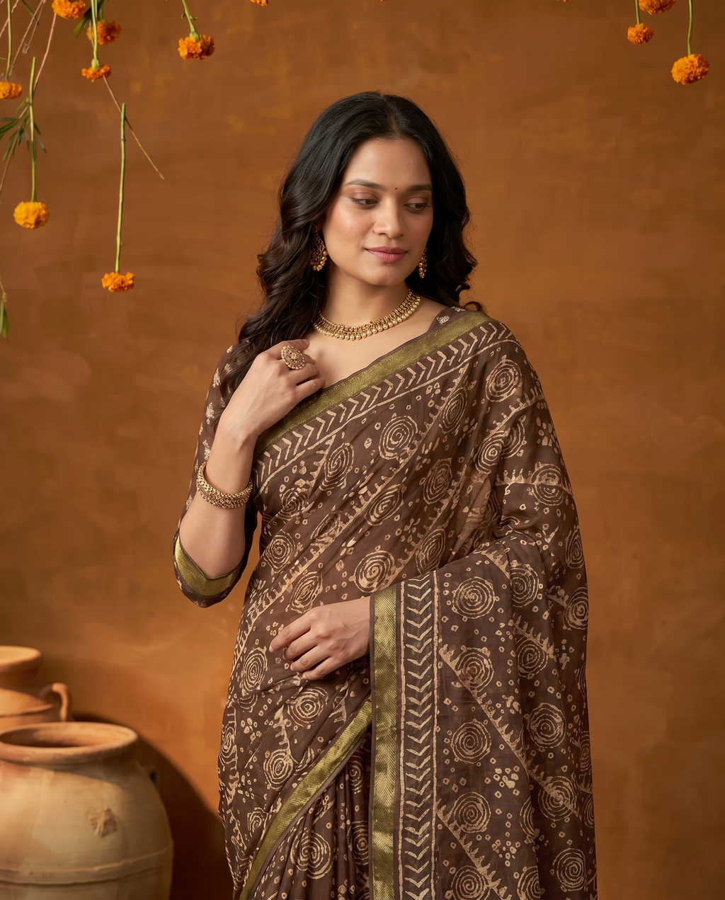 Classic Brown Handblock Style Printed Pure Cotton Saree with Subtle Gold Border - output 0 - 04 upper closeup