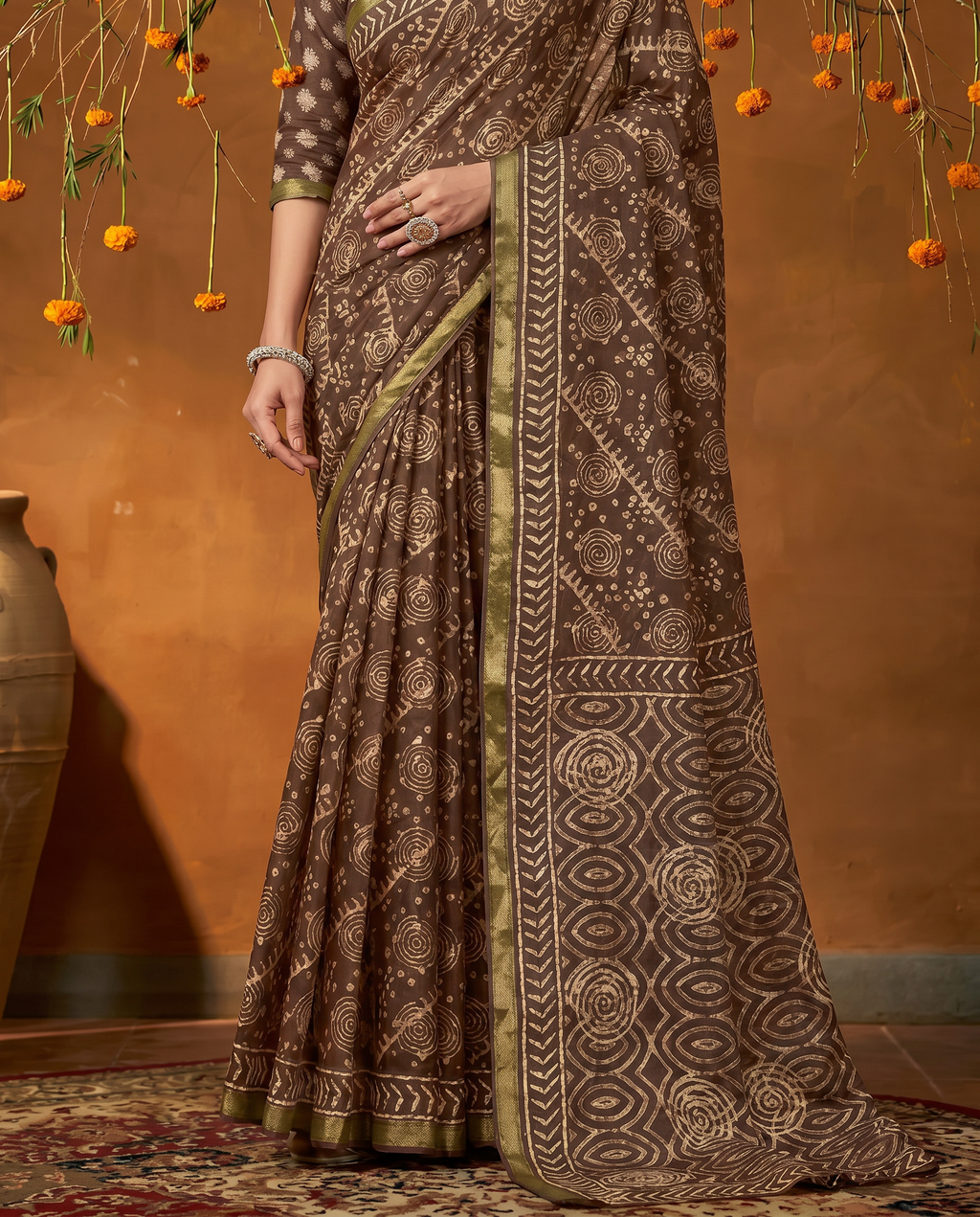 Classic Brown Handblock Style Printed Pure Cotton Saree with Subtle Gold Border - output 0 - 05 lower closeup