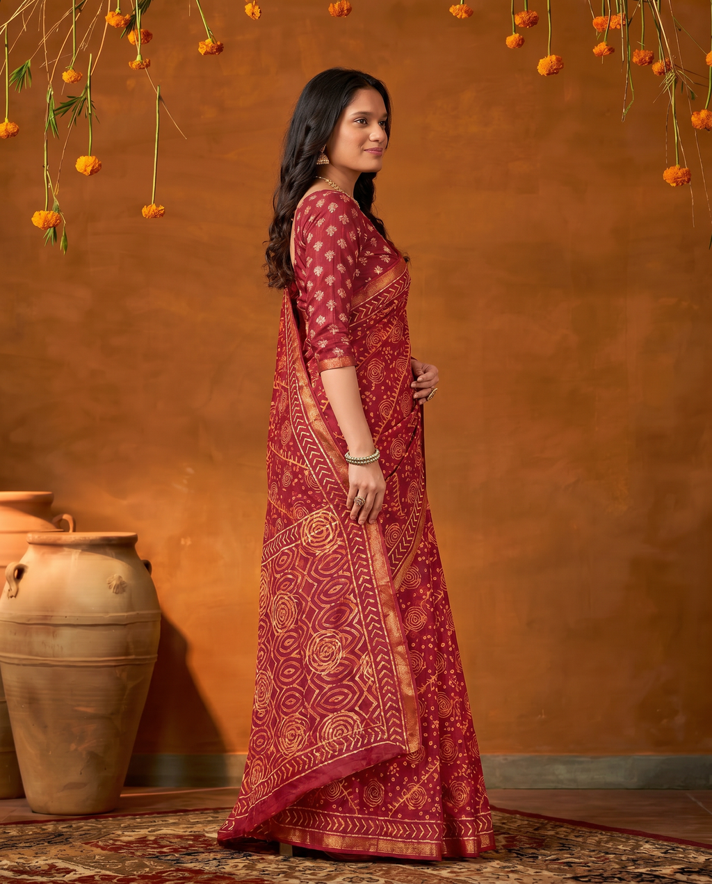 Classic Brown Handblock Style Printed Pure Cotton Saree with Subtle Gold Border - output 1 - 03 side