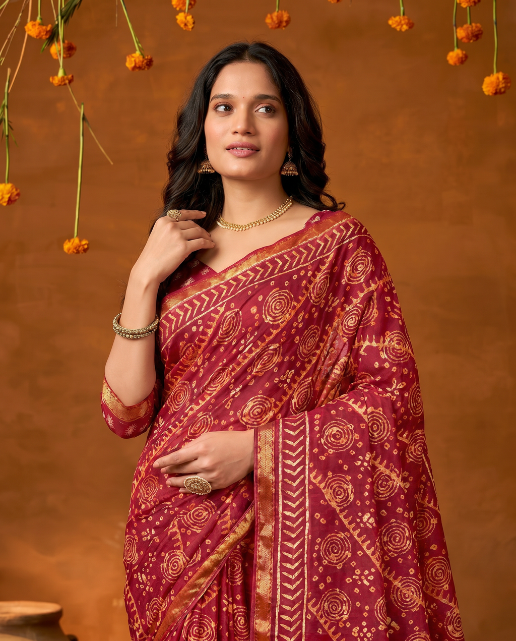 Classic Brown Handblock Style Printed Pure Cotton Saree with Subtle Gold Border - output 1 - 04 upper closeup