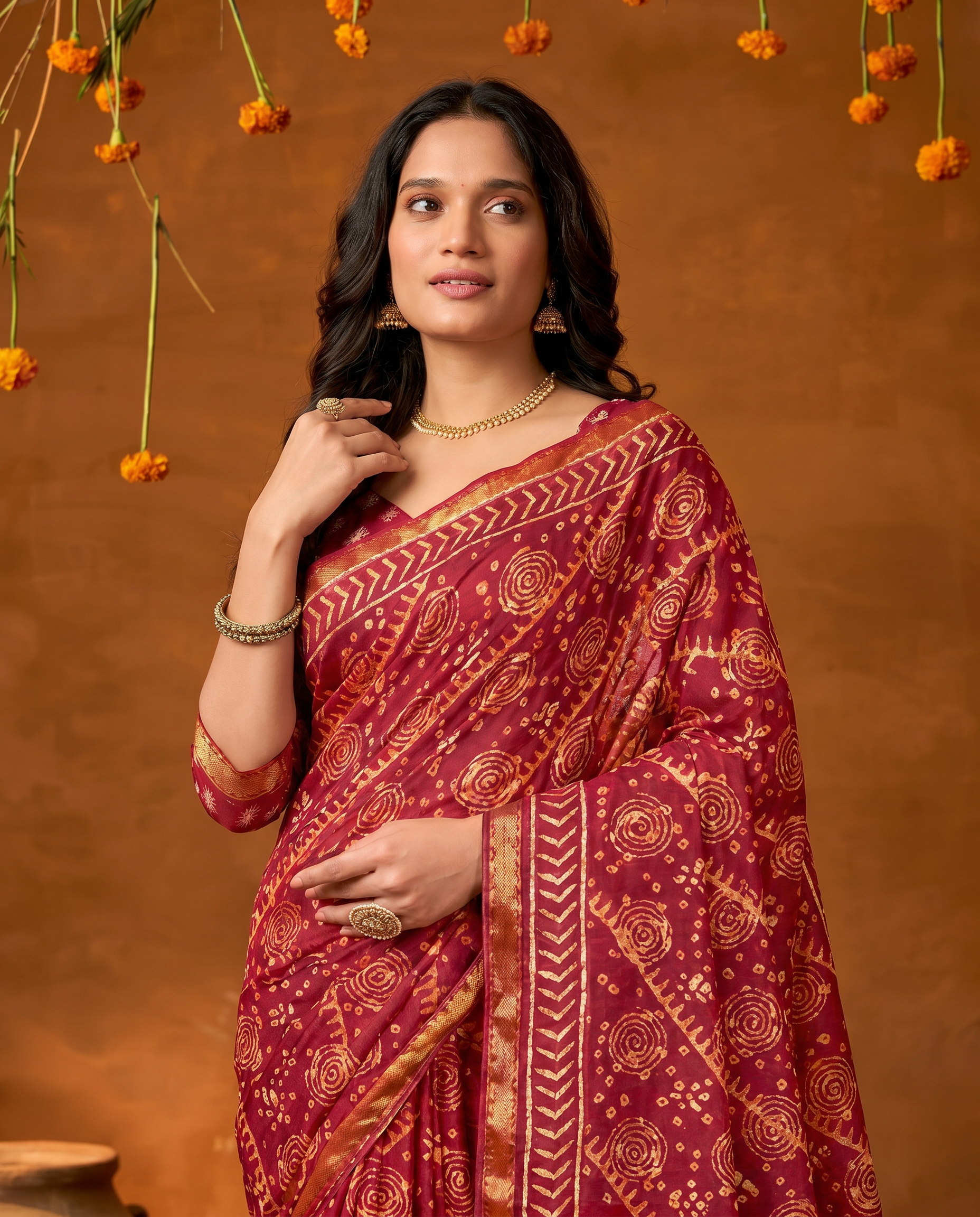 Classic Brown Handblock Style Printed Pure Cotton Saree with Subtle Gold Border - output 1 - 04 upper closeup