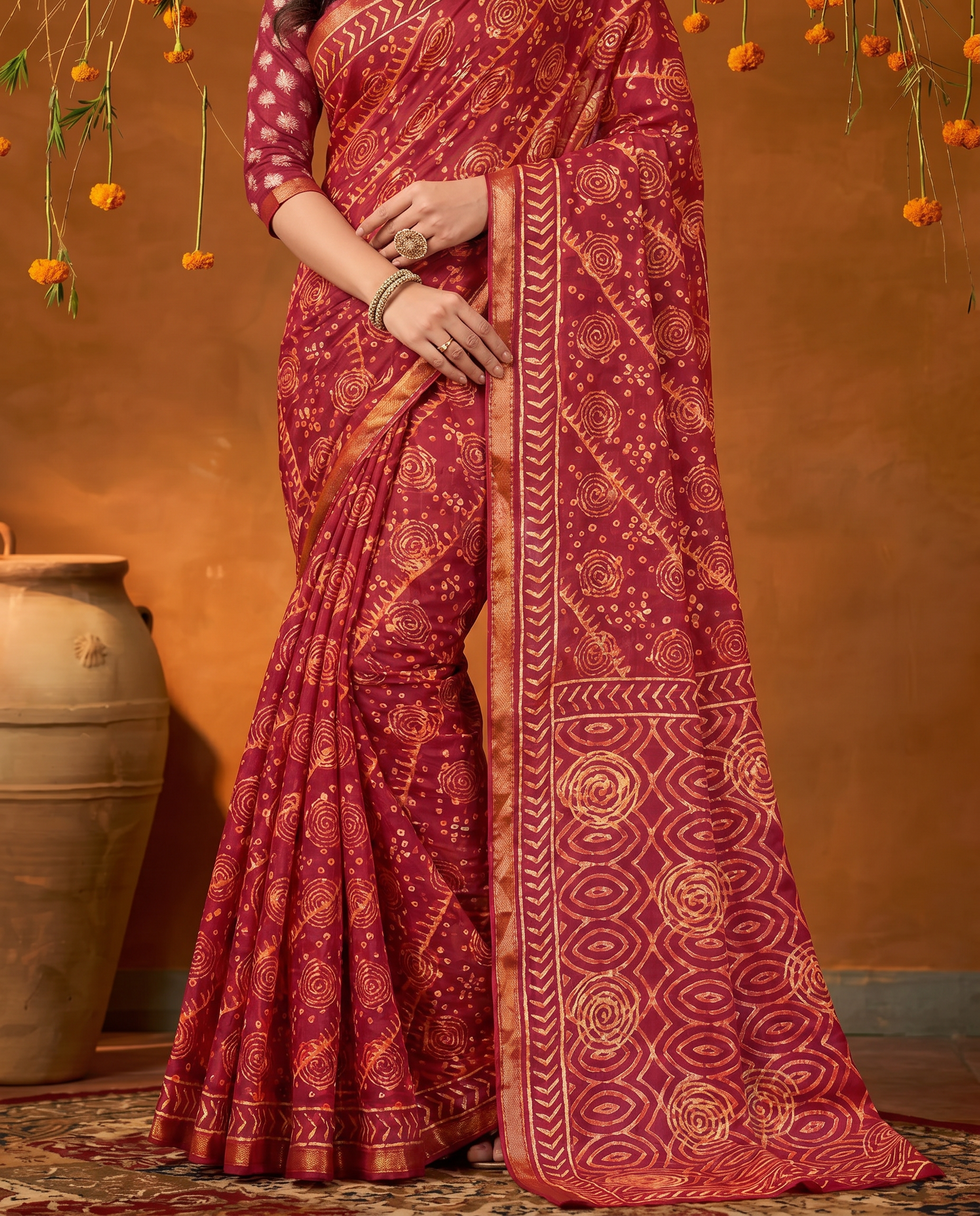 Classic Brown Handblock Style Printed Pure Cotton Saree with Subtle Gold Border - output 1 - 05 lower closeup