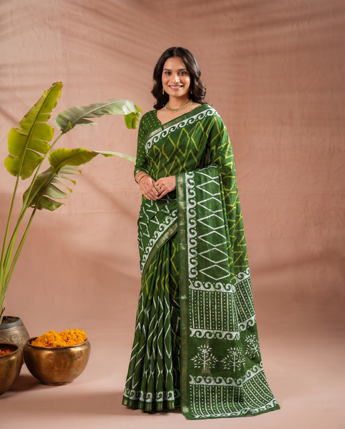 Classic Dark Green Ethnic Print Pure Cotton Saree with Traditional Motifs - output 0 - 02 hero