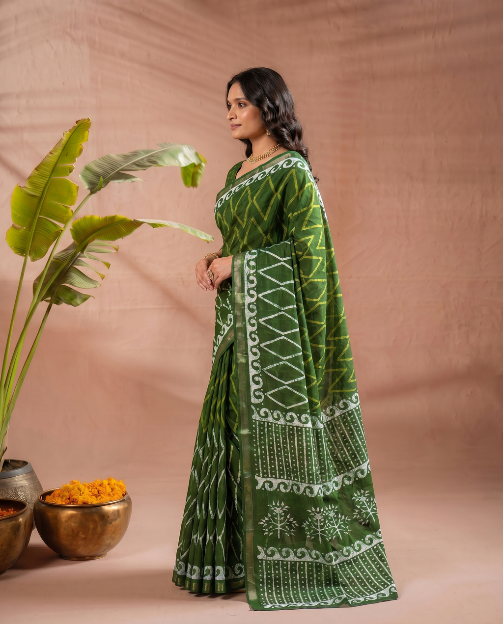 Classic Dark Green Ethnic Print Pure Cotton Saree with Traditional Motifs - output 0 - 03 side