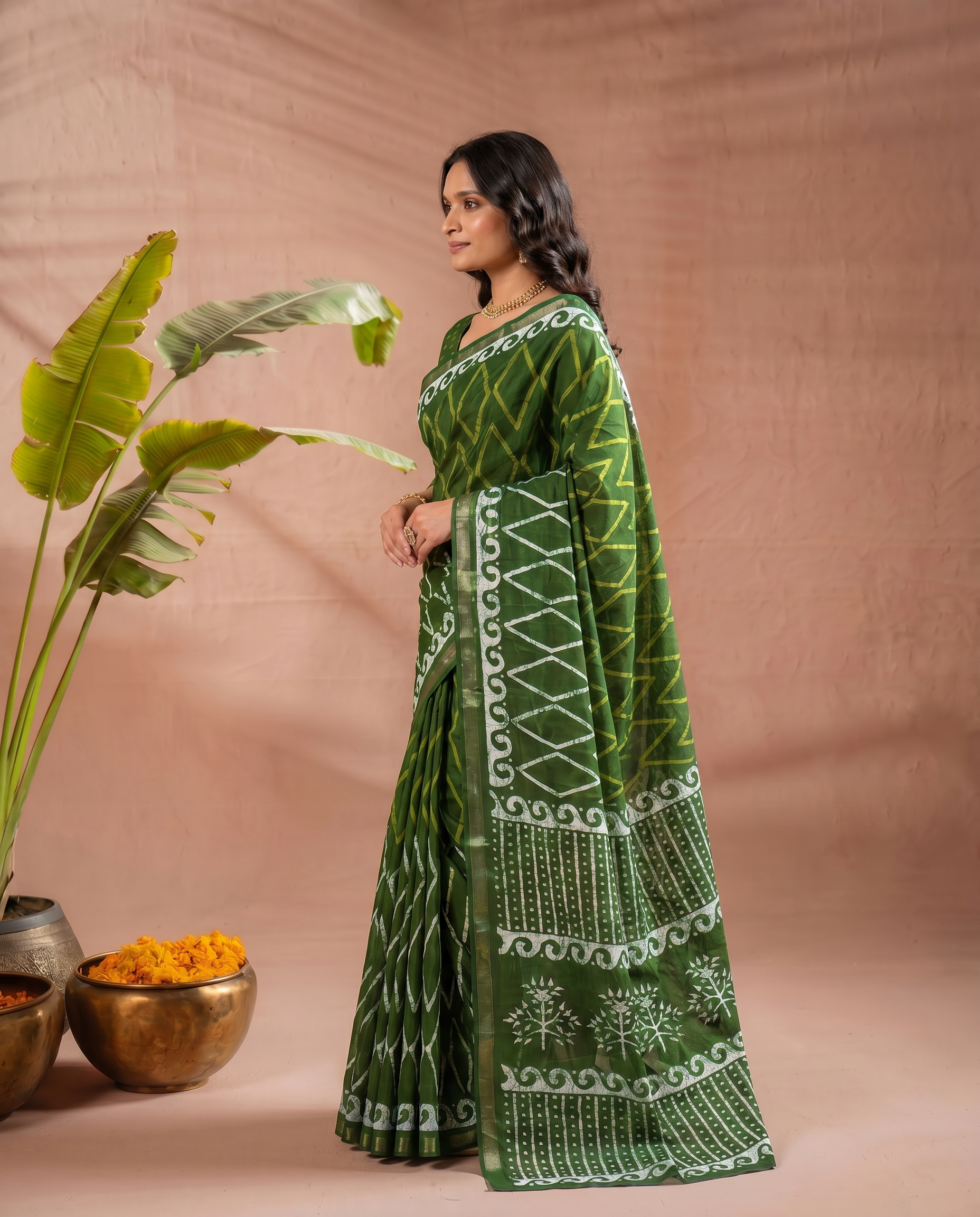 Classic Dark Green Ethnic Print Pure Cotton Saree with Traditional Motifs - output 0 - 03 side