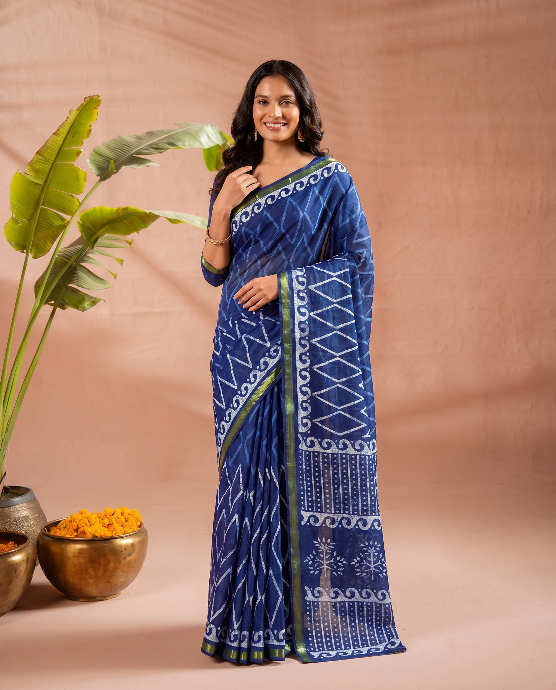 Classic Dark Green Ethnic Print Pure Cotton Saree with Traditional Motifs - output 1 - 02 hero