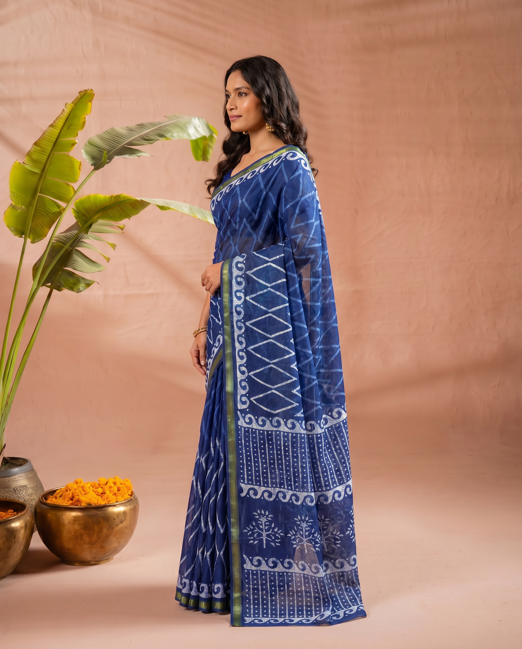 Classic Dark Green Ethnic Print Pure Cotton Saree with Traditional Motifs - output 1 - 03 side