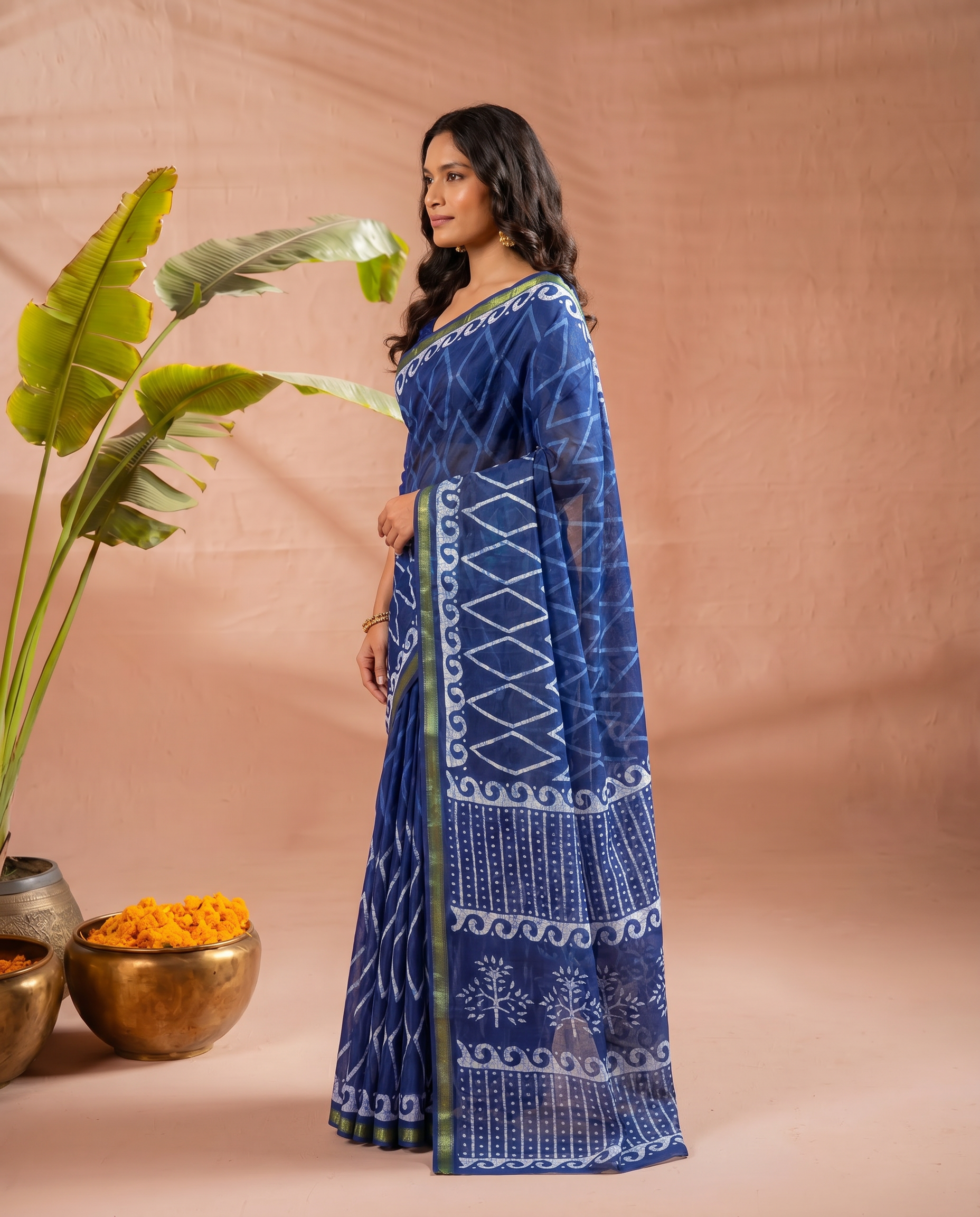 Classic Dark Green Ethnic Print Pure Cotton Saree with Traditional Motifs - output 1 - 03 side