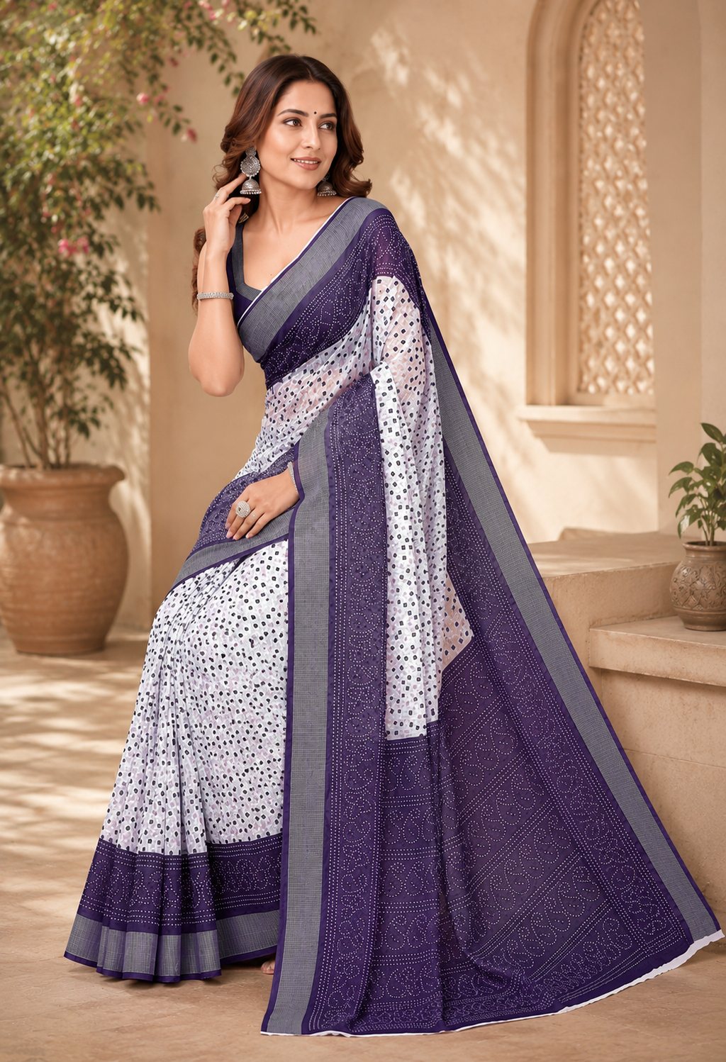 Contrast Border Linen Digital Printed Party Wear Saree - Purple image 4
