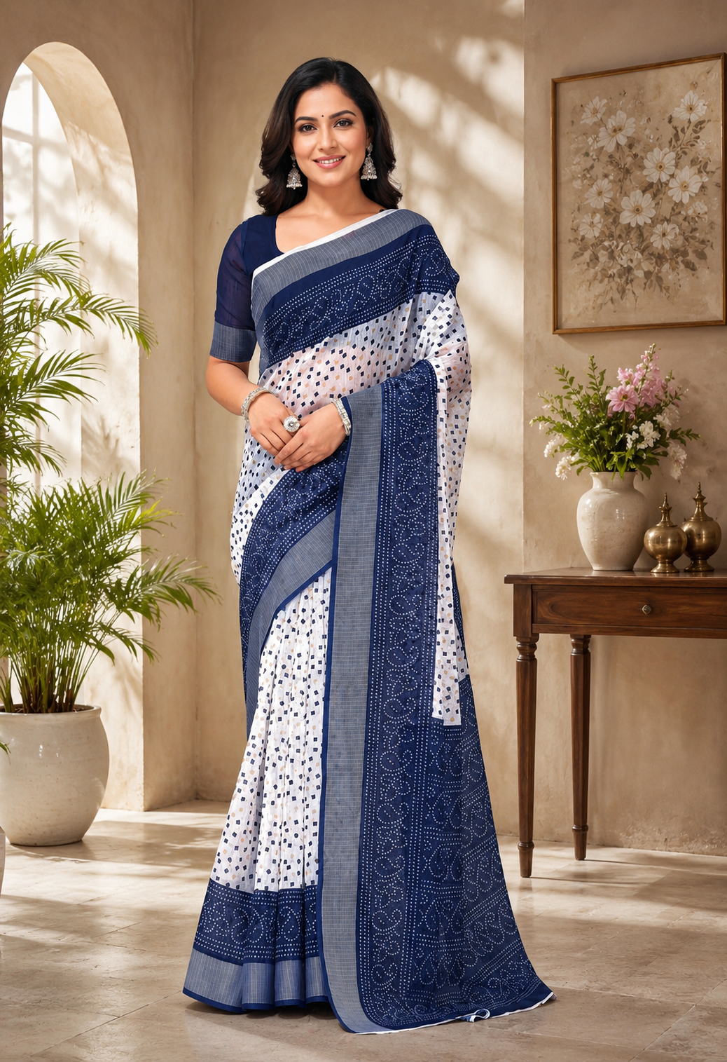 Contrast Border Linen Digital Printed Party Wear Saree - Navy Blue full saree