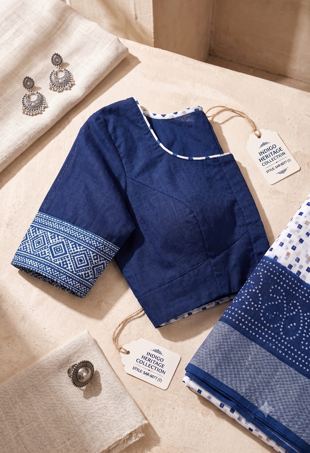 Contrast Border Linen Digital Printed Party Wear Saree - Navy Blue blouse detail