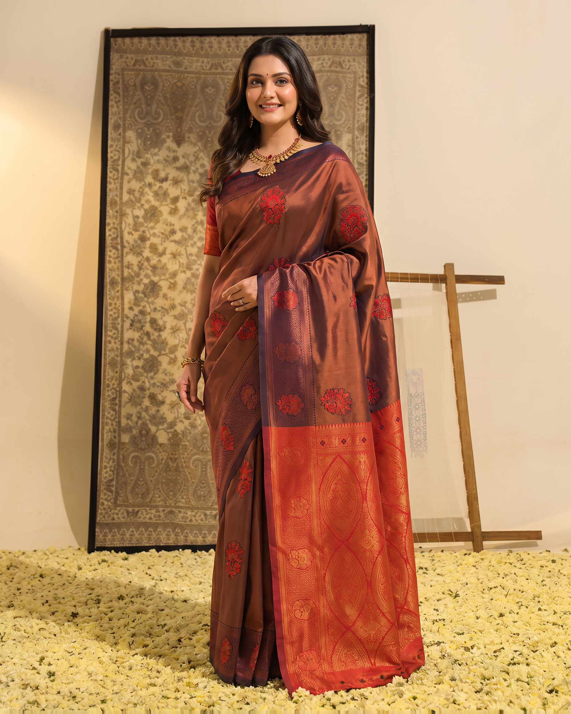 Copper Maroon Silk Saree with Burnt Orange Pallu - full saree hero