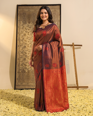 Copper Maroon Silk Saree with Burnt Orange Pallu