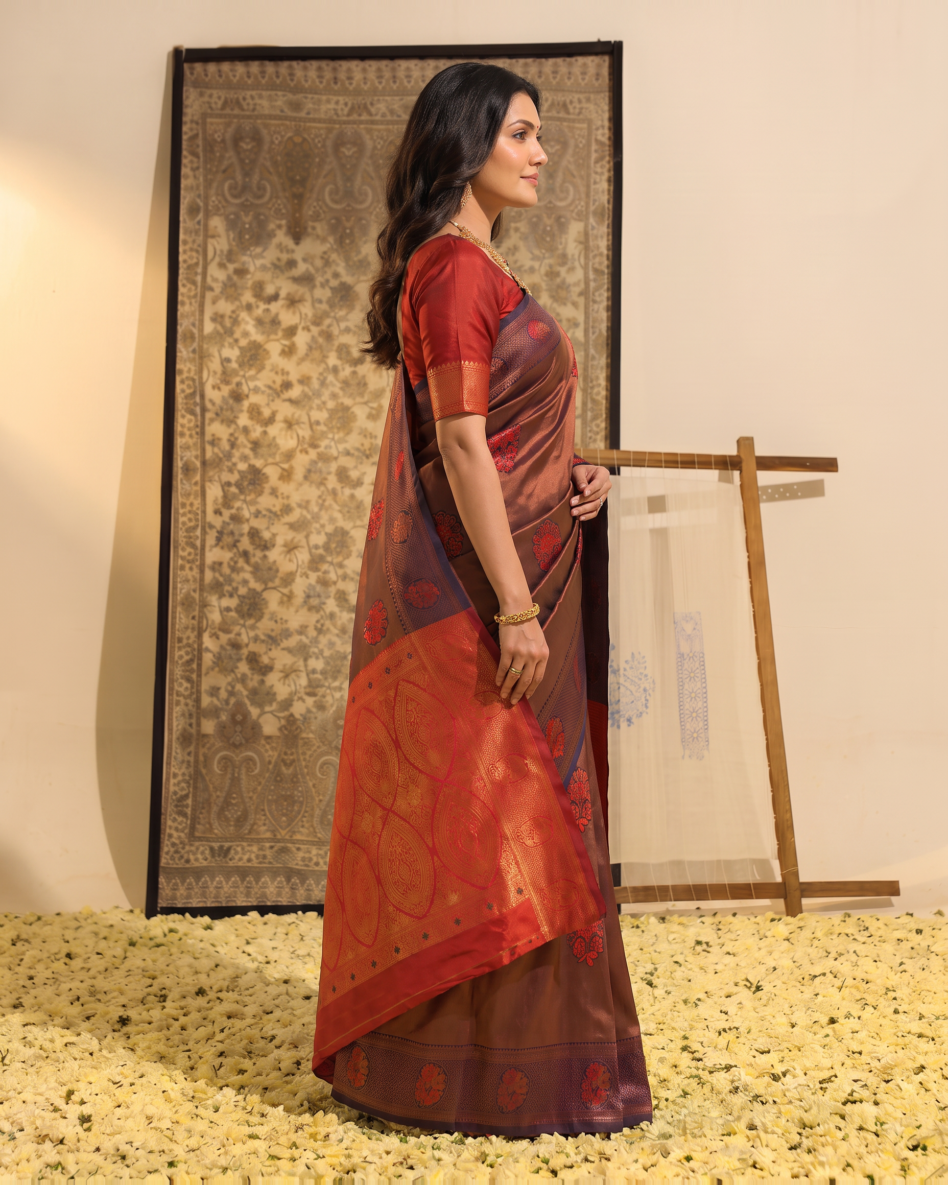 Copper Maroon Silk Saree with Burnt Orange Pallu - side drape