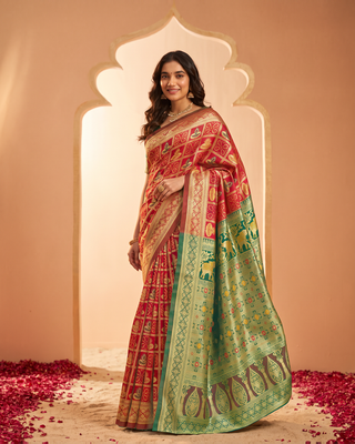 Coral Mint Silk Saree with Ornate Paisley Pallu