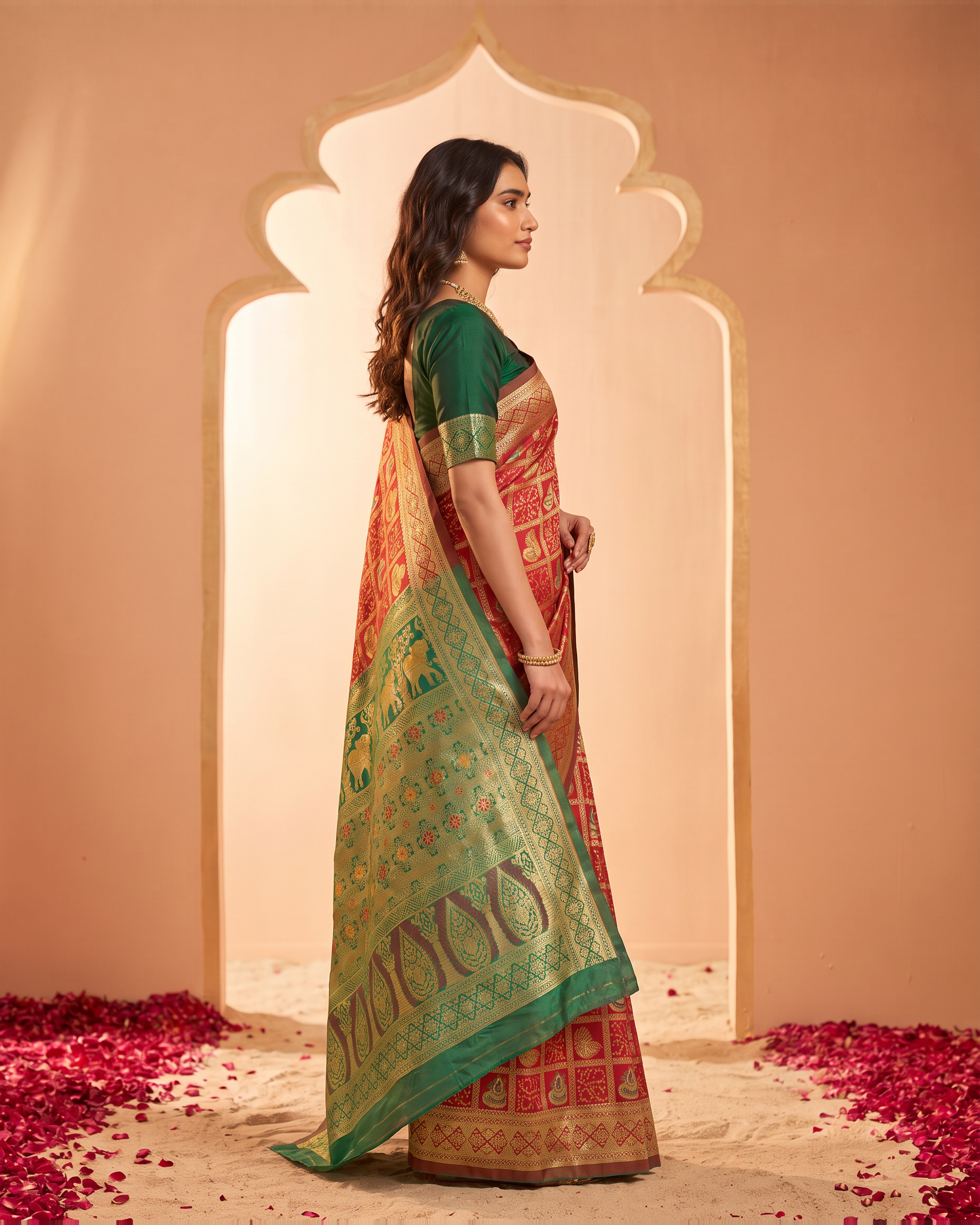 Coral Mint Silk Saree with Ornate Paisley Pallu - side drape