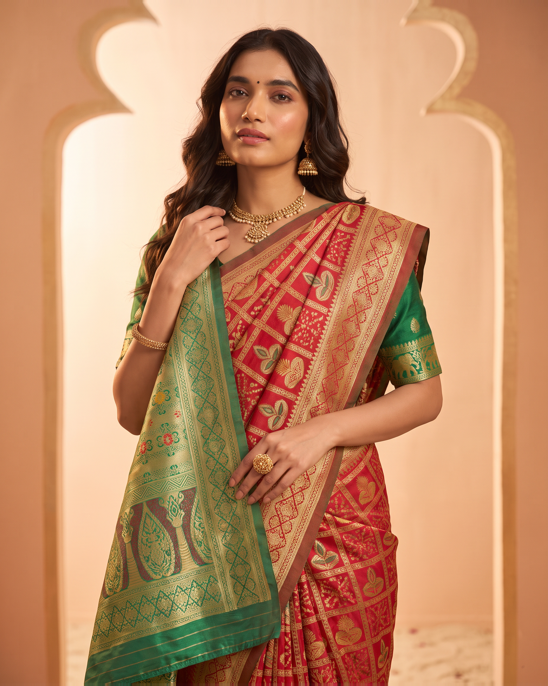 Coral Mint Silk Saree with Ornate Paisley Pallu - upper closeup
