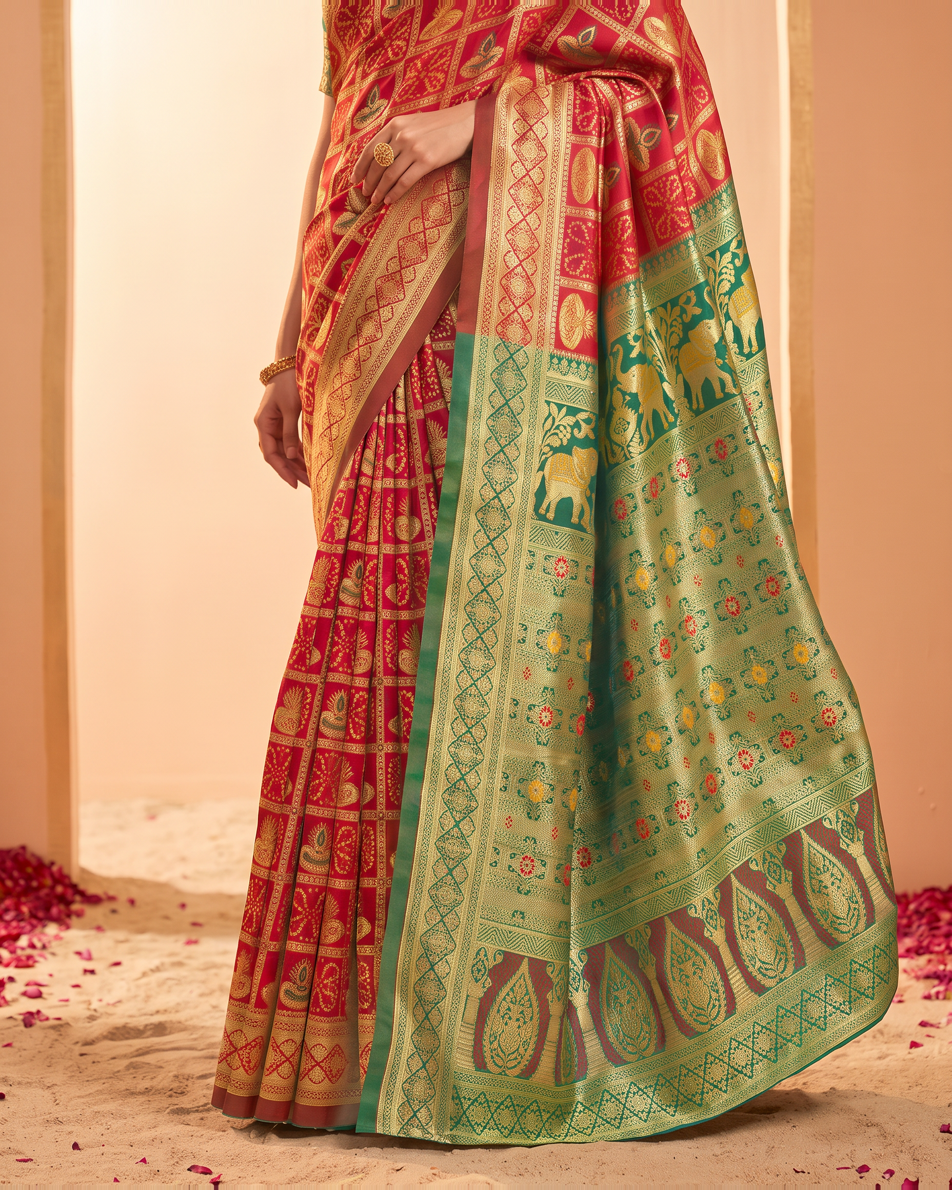 Coral Mint Silk Saree with Ornate Paisley Pallu - lower closeup