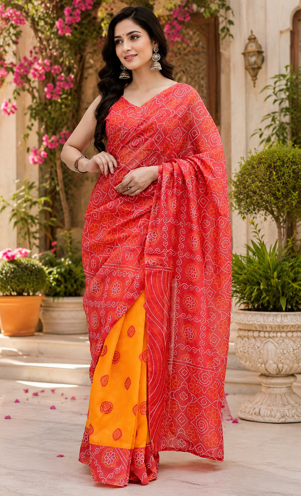 Coral Orange Chanderi Cotton Printed Ready To Wear Saree - full saree