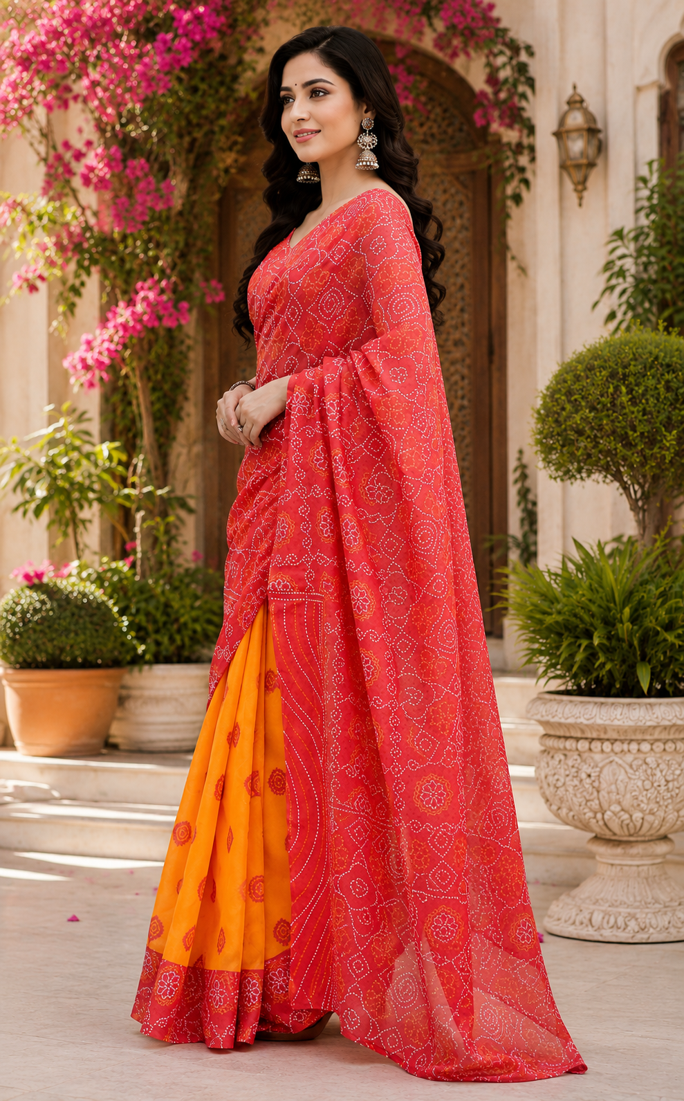 Coral Orange Chanderi Cotton Printed Ready To Wear Saree - image 2