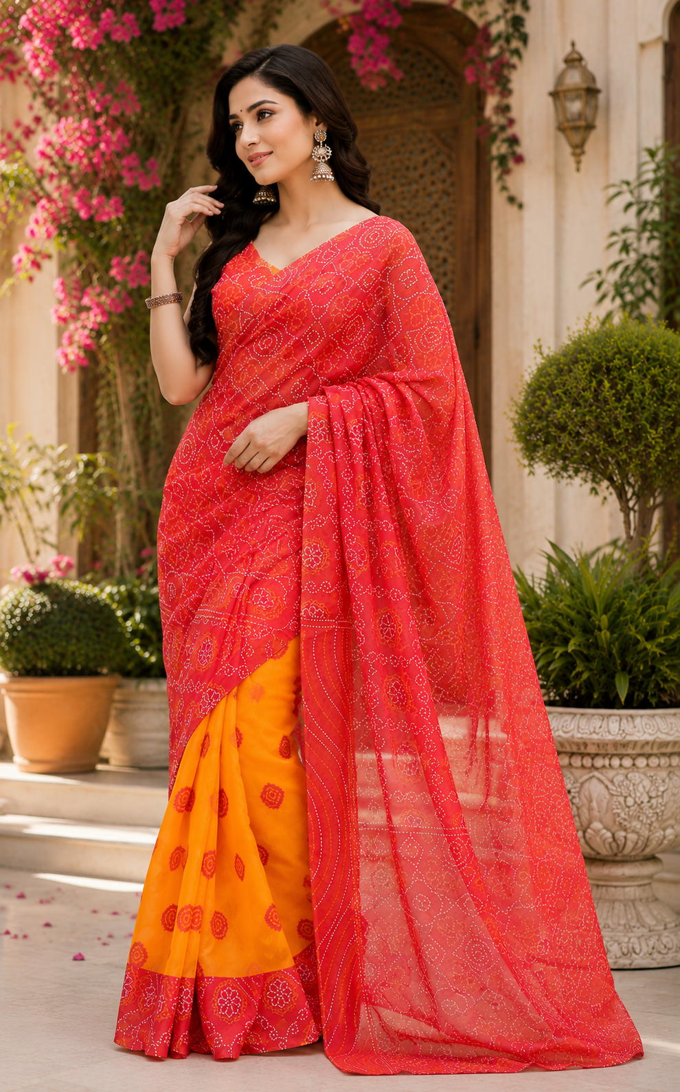 Coral Orange Chanderi Cotton Printed Ready To Wear Saree - image 4