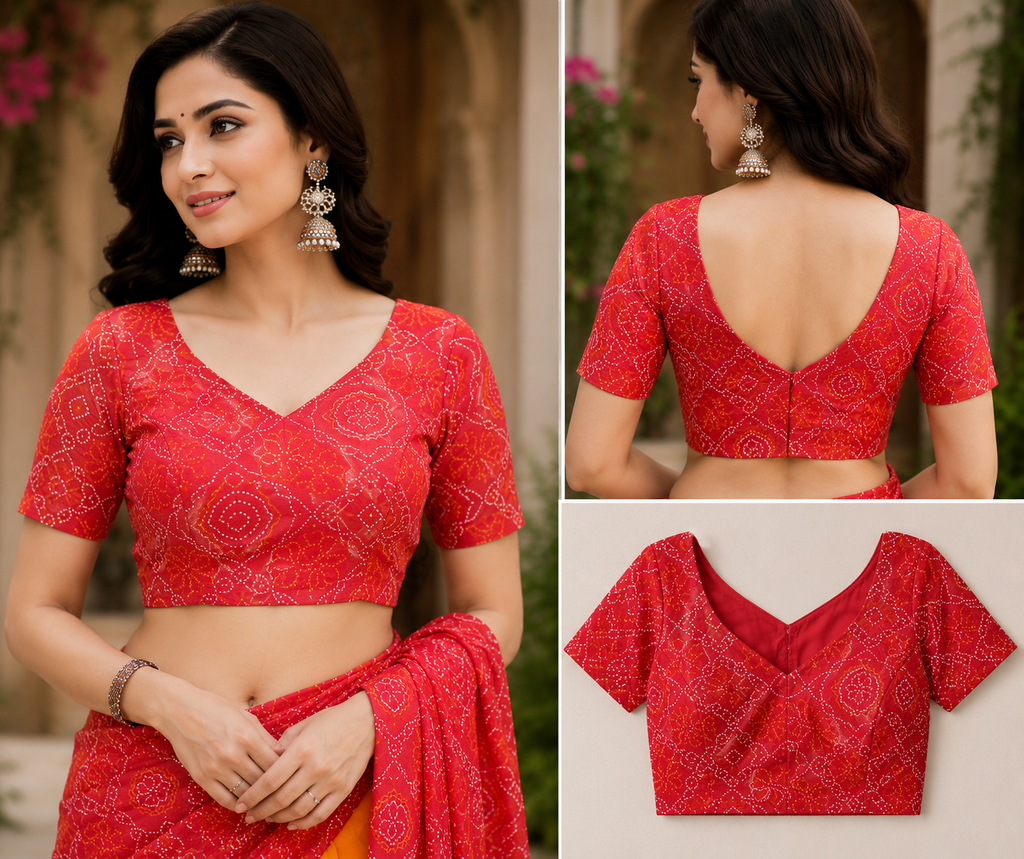 Coral Orange Chanderi Cotton Printed Ready To Wear Saree - blouse detail