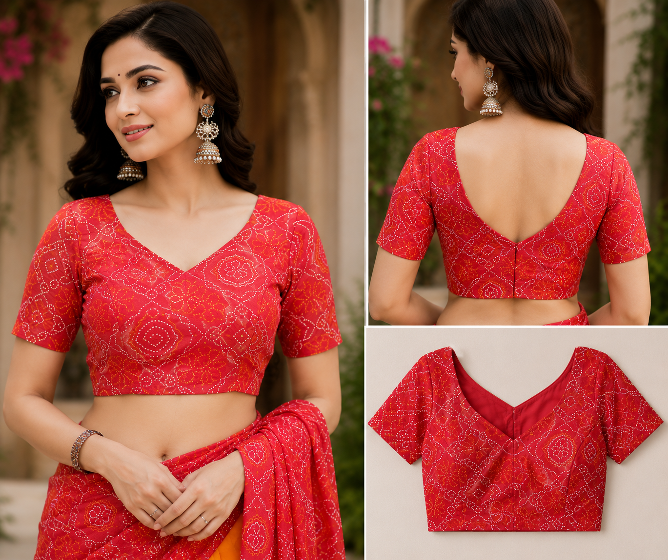 Coral Orange Chanderi Cotton Printed Ready To Wear Saree - blouse detail