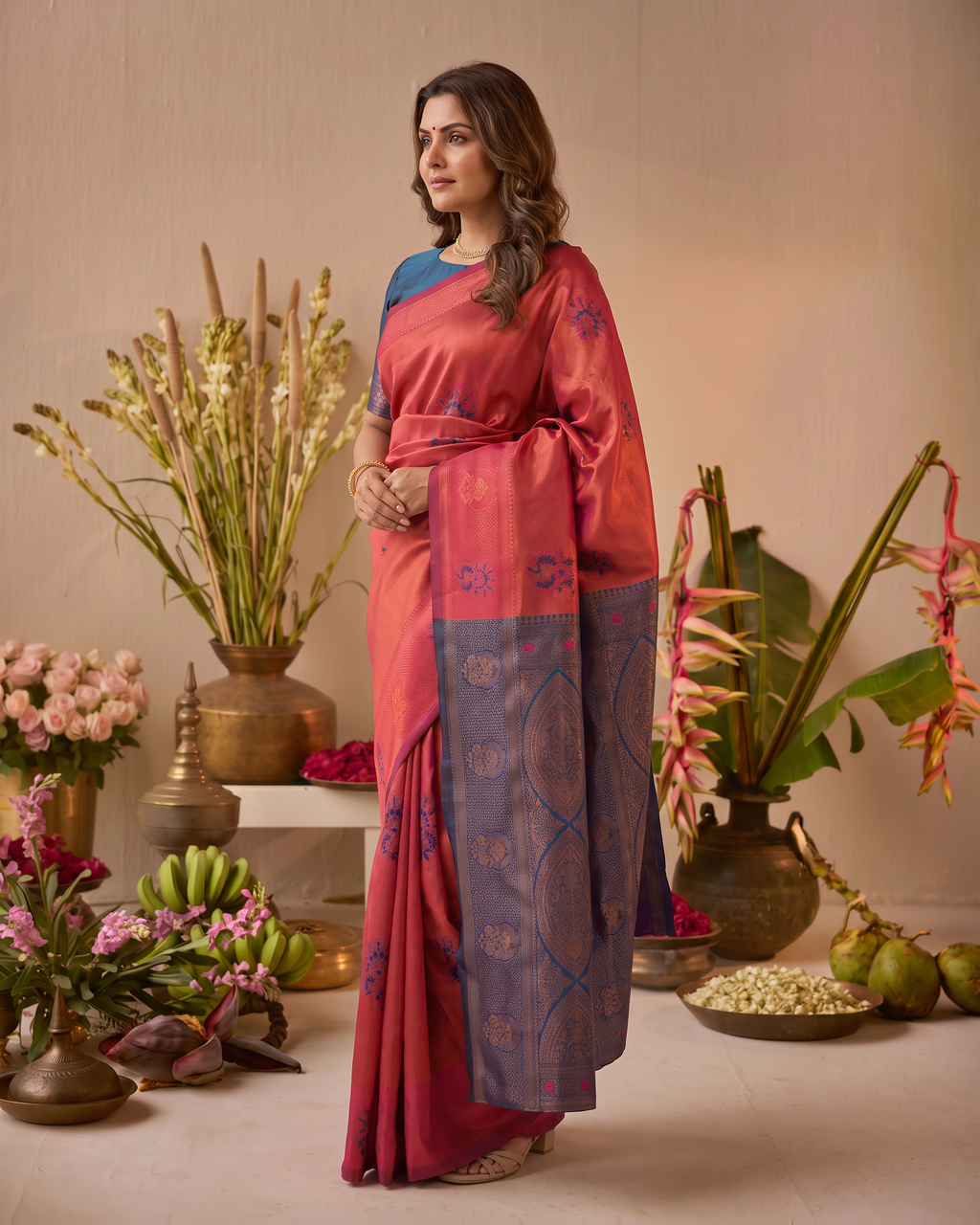 Coral Rose Navy Silk Saree with Floral Zari Border - side drape