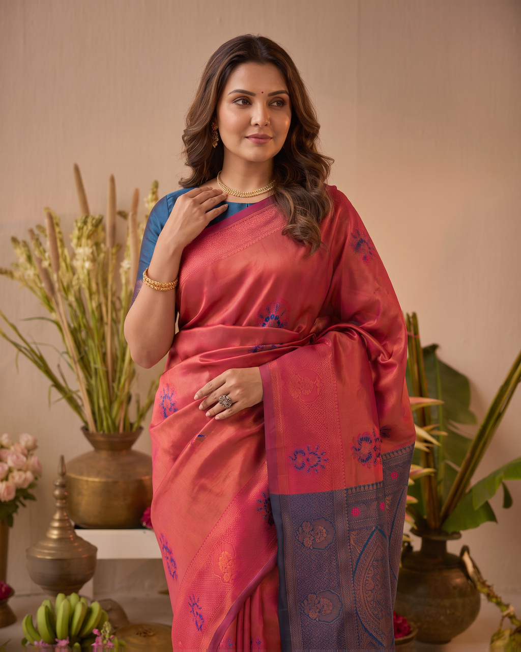 Coral Rose Navy Silk Saree with Floral Zari Border - upper closeup