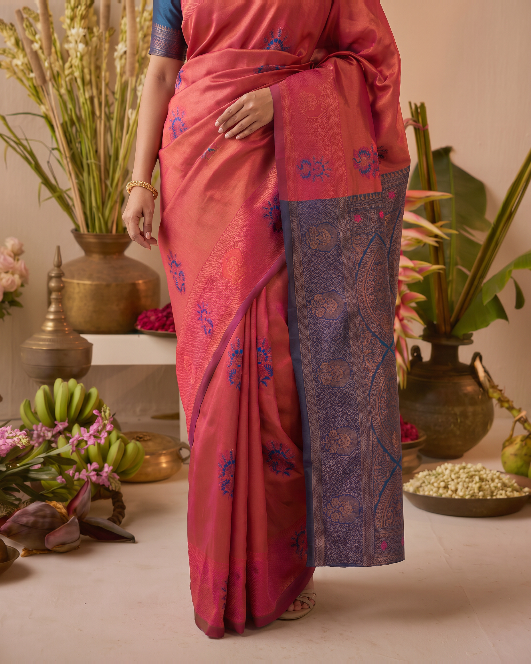 Coral Rose Navy Silk Saree with Floral Zari Border - lower closeup