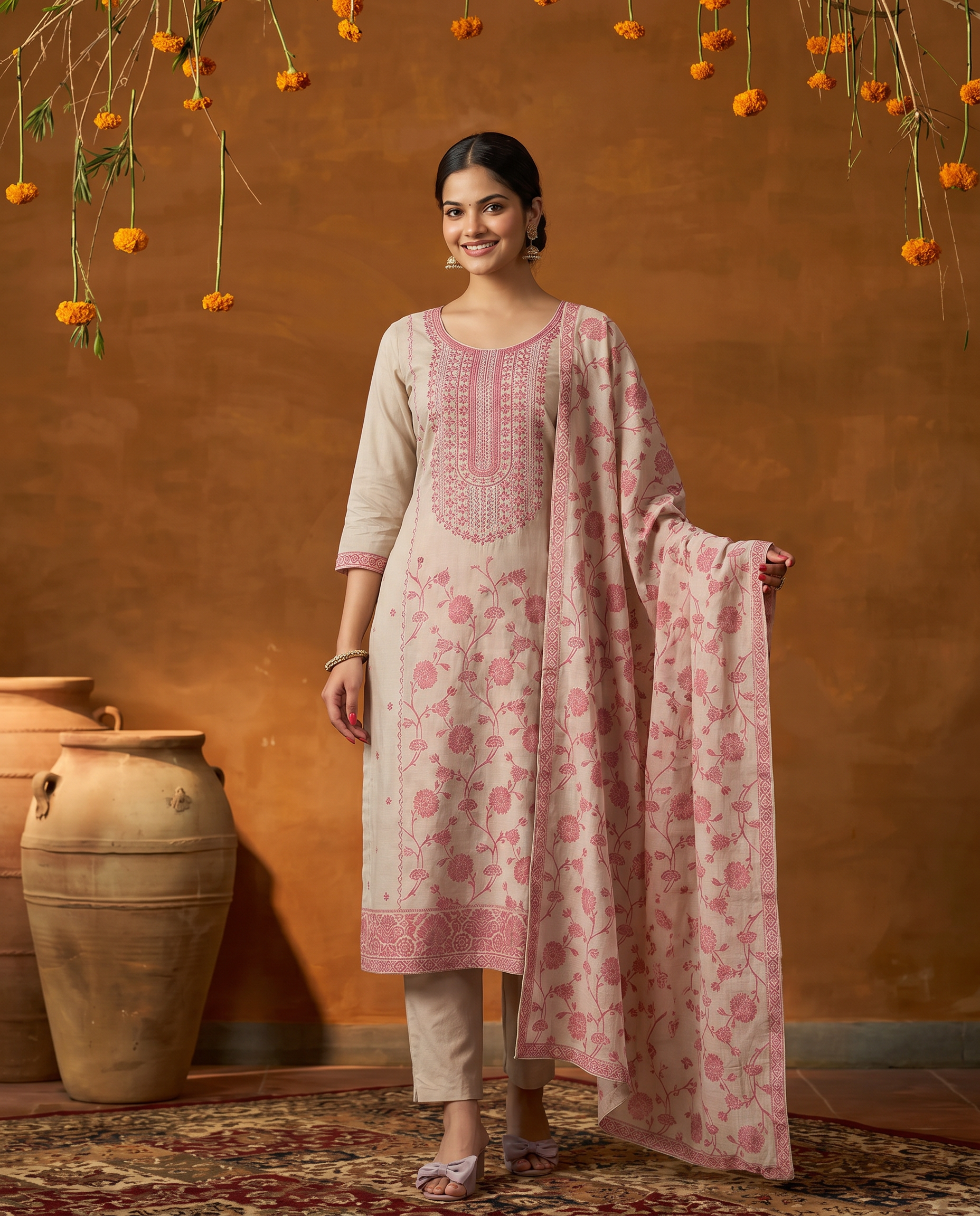 Cream and Pink Floral Salwar Suit Set - front