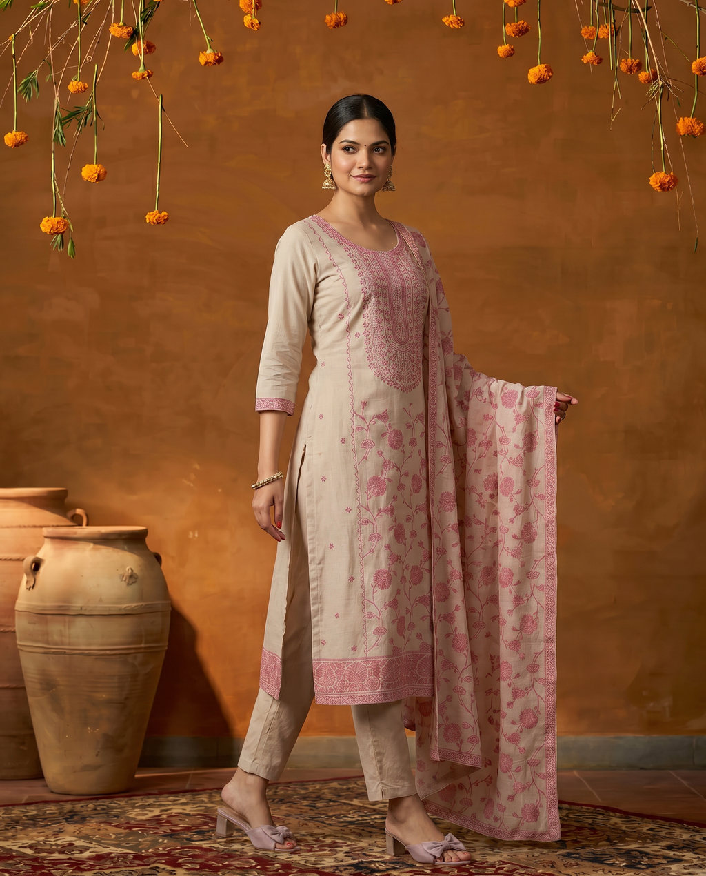 Cream and Pink Floral Salwar Suit Set - side