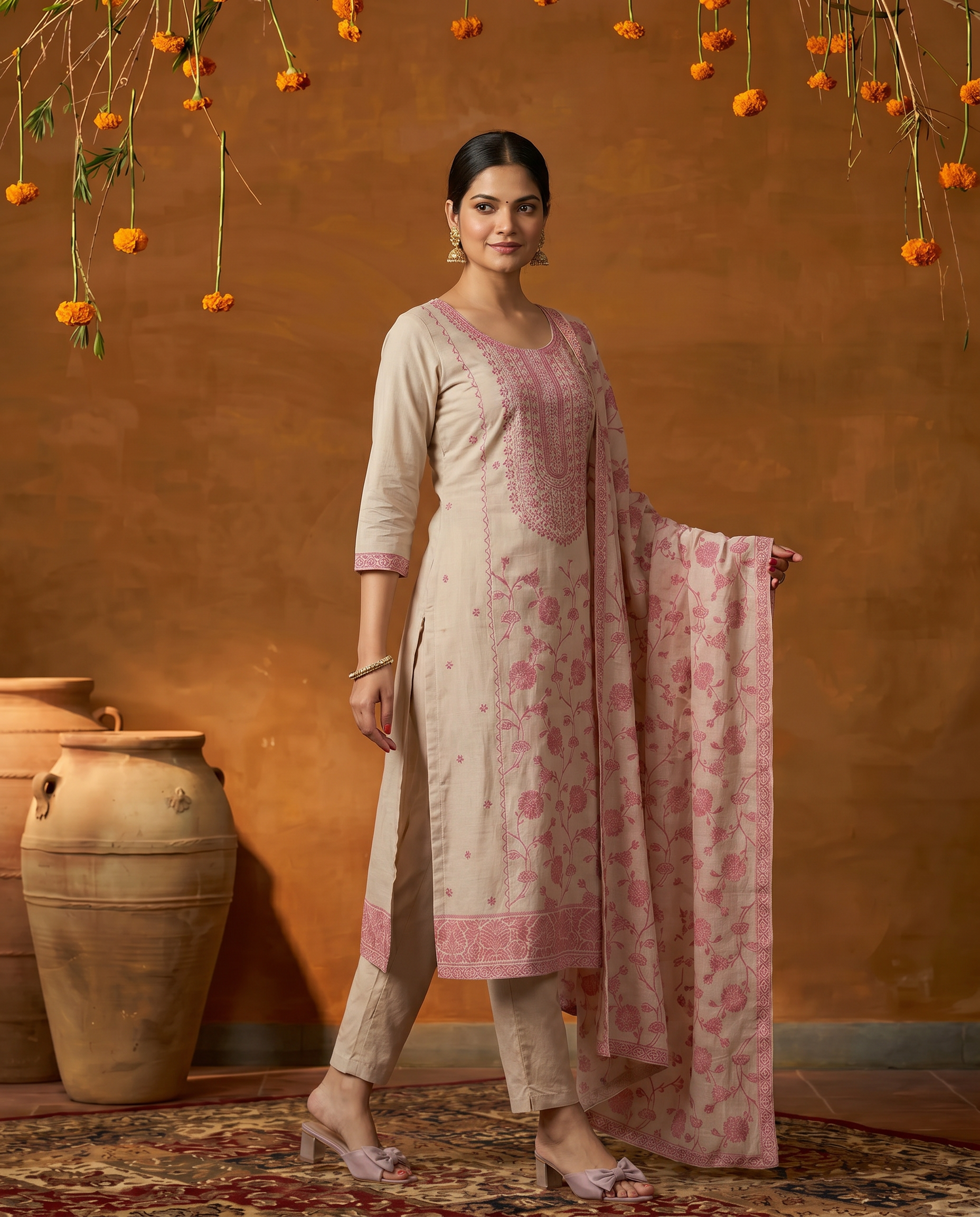 Cream and Pink Floral Salwar Suit Set - side