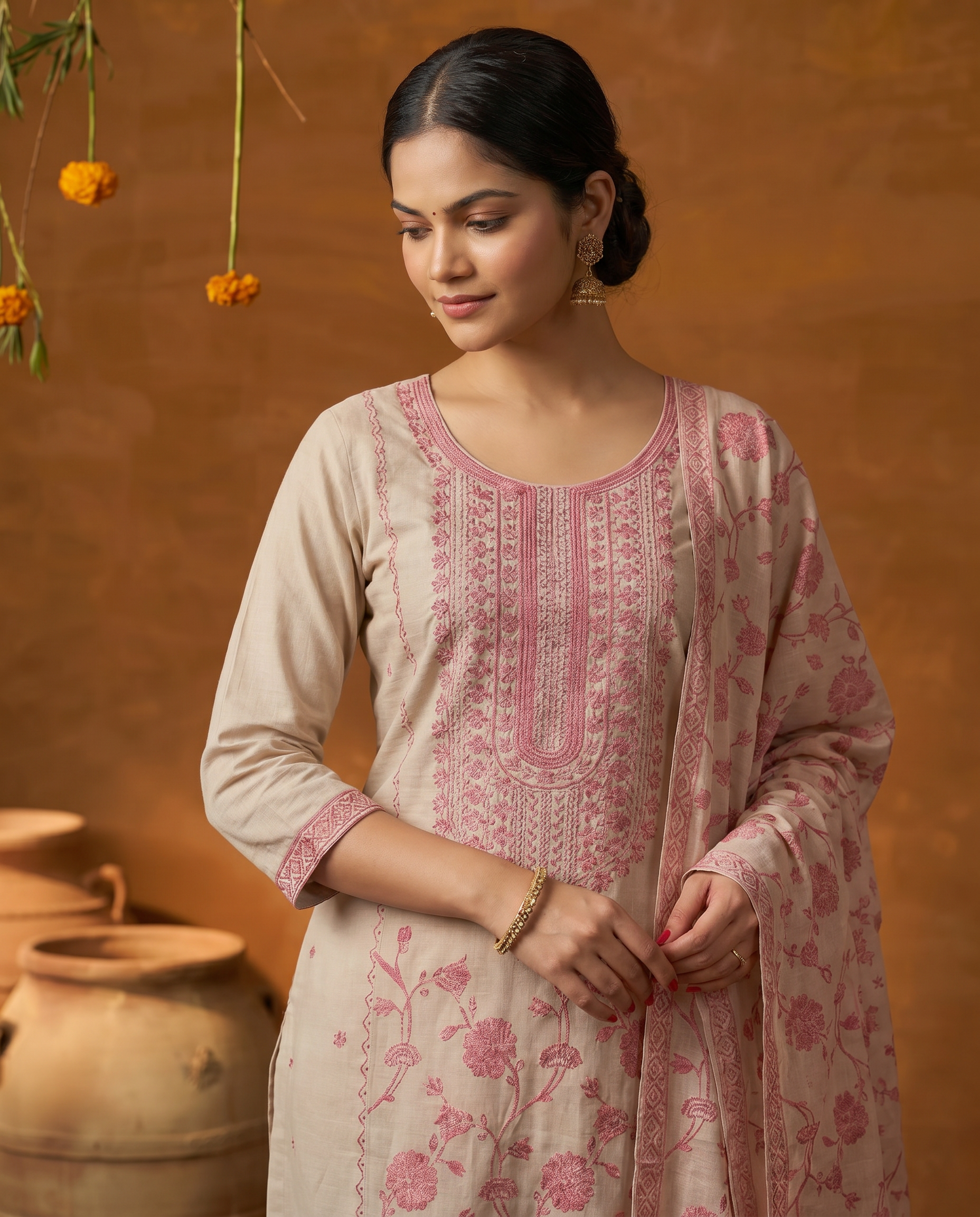Cream and Pink Floral Salwar Suit Set - closeup