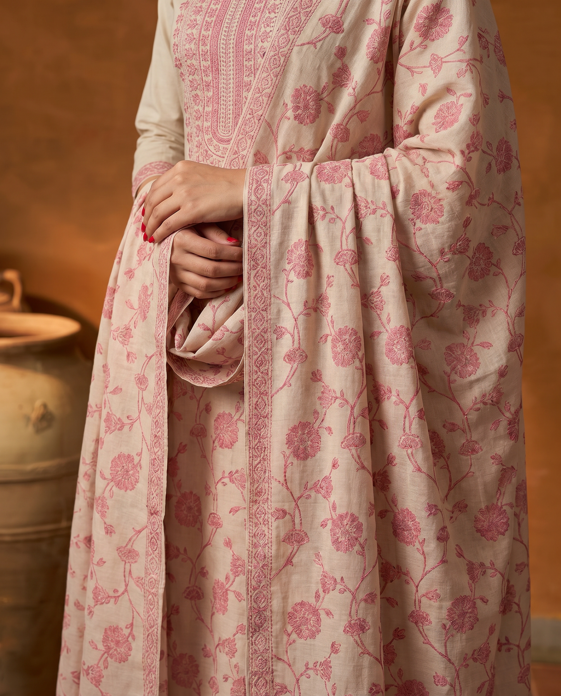 Cream and Pink Floral Salwar Suit Set - dupatta