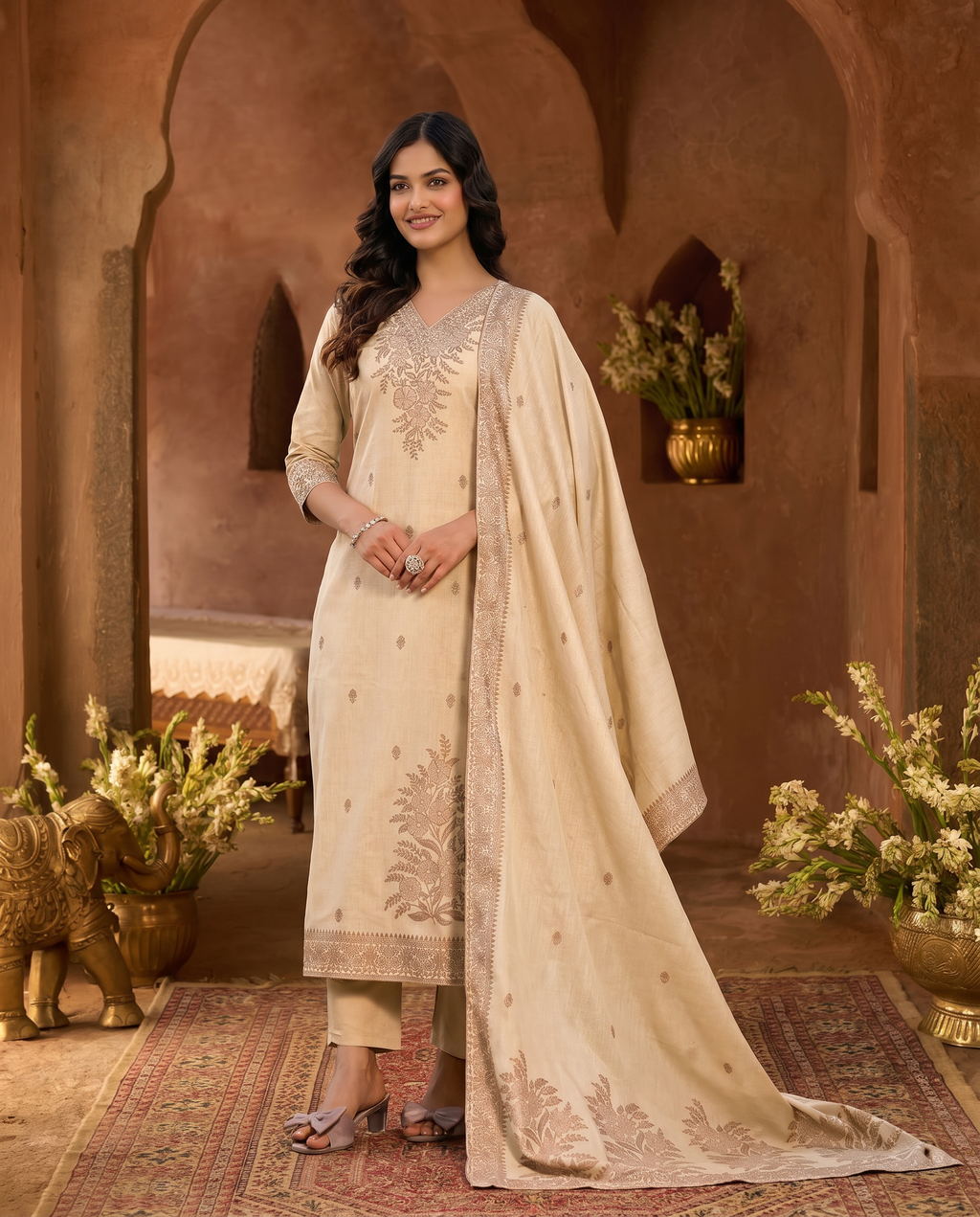 Cream Embroidered Salwar Suit Set - front