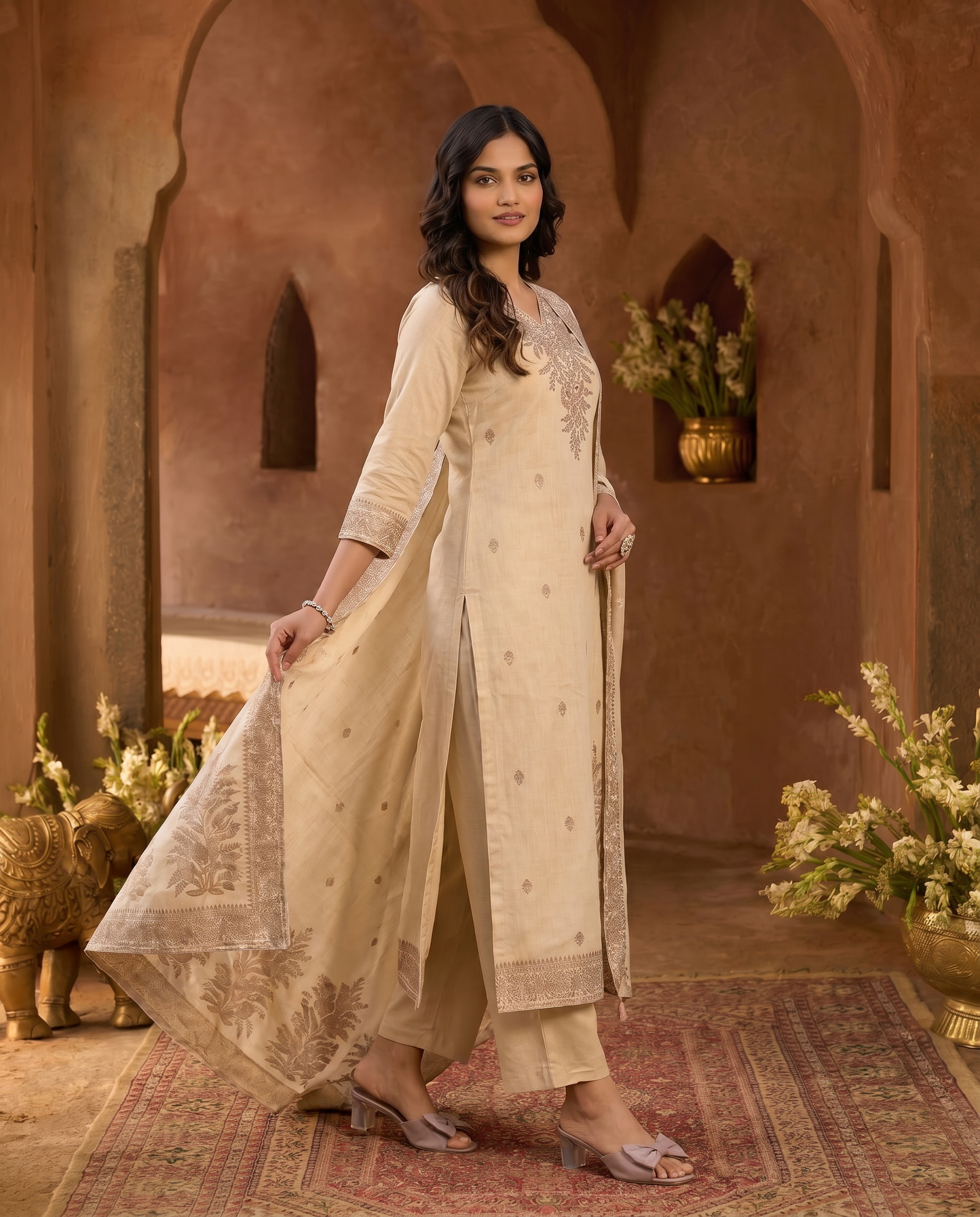 Cream Embroidered Salwar Suit Set - side