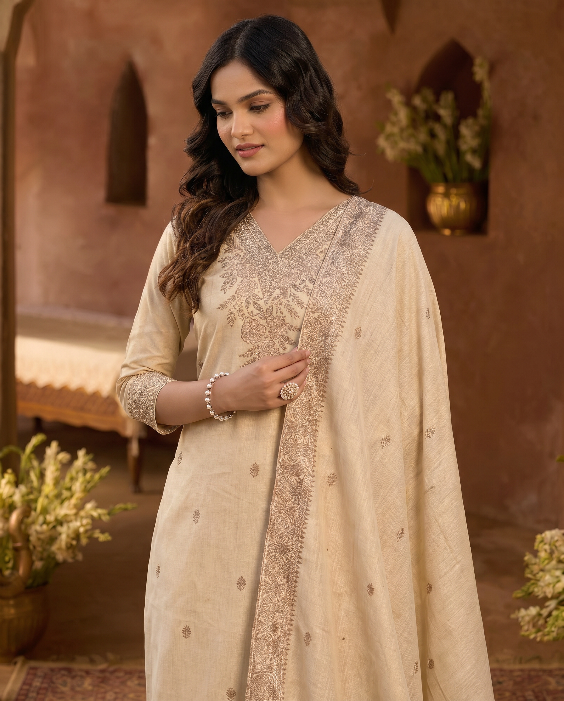Cream Embroidered Salwar Suit Set - closeup