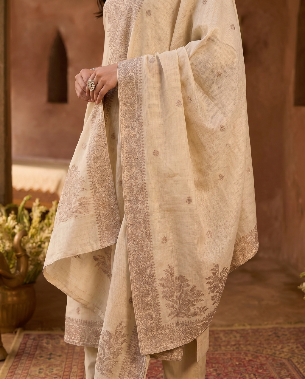 Cream Embroidered Salwar Suit Set - dupatta