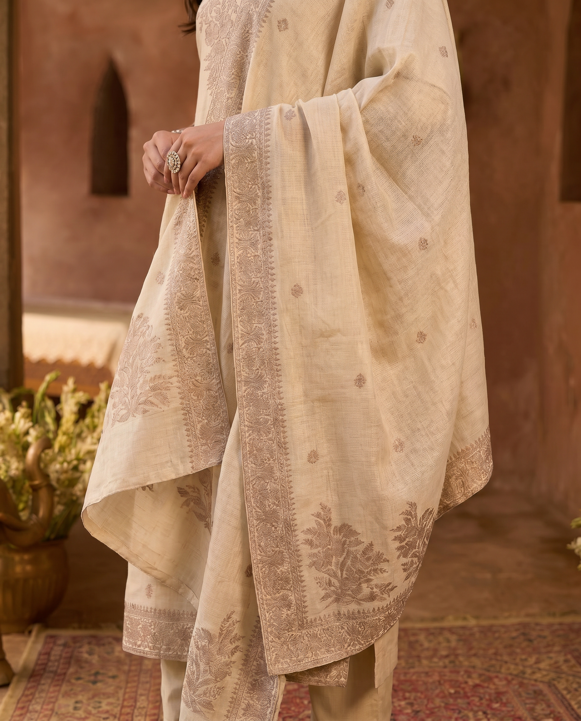 Cream Embroidered Salwar Suit Set - dupatta