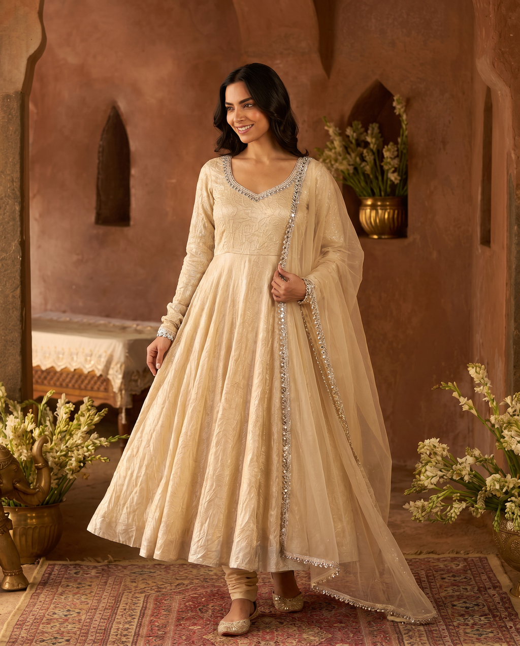 Cream Mirror Work Doremon Crush Gown Salwar Suit Set - hero