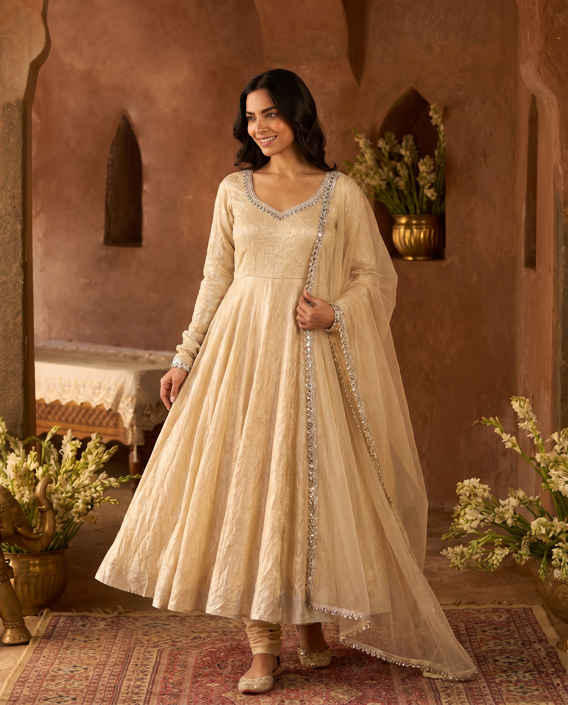 Cream Mirror Work Doremon Crush Gown Salwar Suit Set - hero